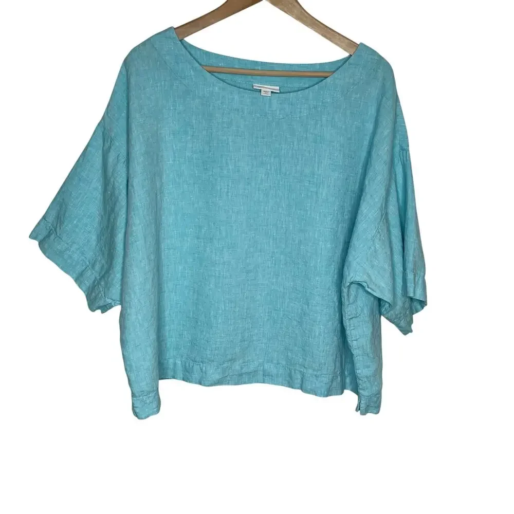 J. Jill Pure Jill Linen Top Womens LP Blue Boxy Oversized Natural Lagenlook - Picture 2 of 9